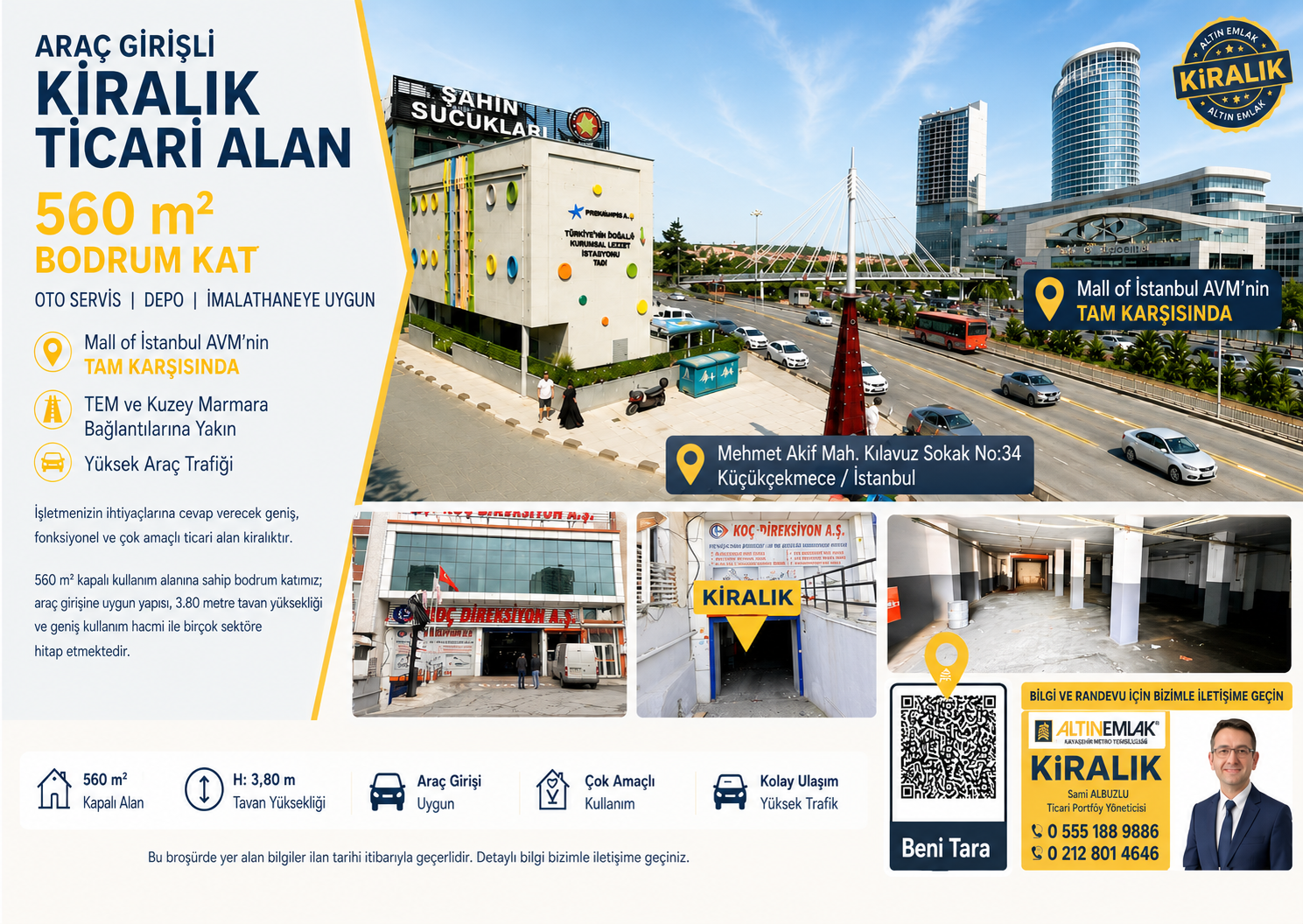 Araç Girişli Oto Servis, Bakım, Depolama,İmalata Uygun KİRALIK